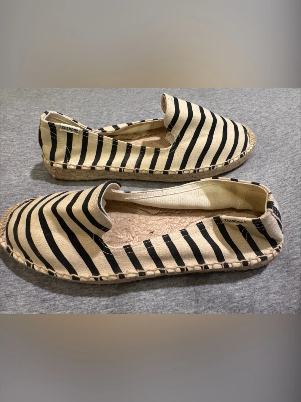 Soludos Black and Beige Striped Canvas Espadrille Slip-Ons New